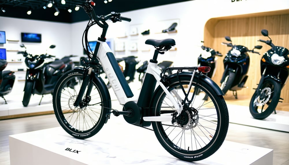 A modern Blix e-bike on display in a showroom A modern Blix e-bike on display in a showroom